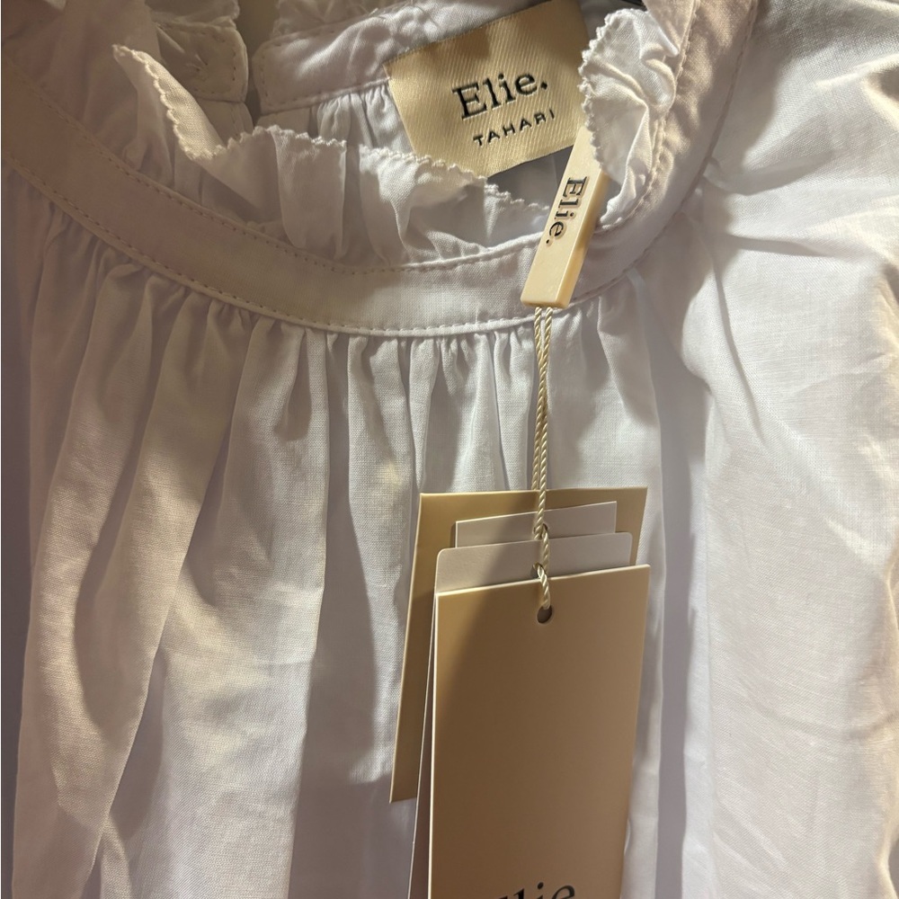 Ellie Tahari White Ruffled Neck and Sleeves Cotton Blouse - Picture 5 of 7